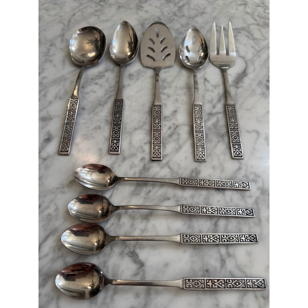 Nasco NSS1 Stainless Flatware 9pc Serving Set Iced Tea Spoons Geometric Black